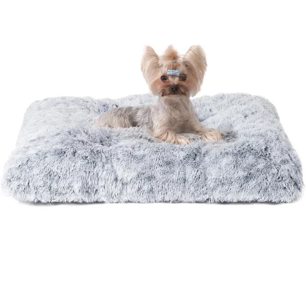 Grey dog bed placed in a modern living room setting