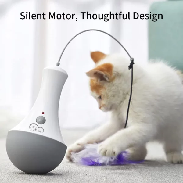 White automatic cat interactive toy with feather, demonstrating play