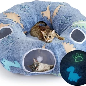 Maxetodo Foldable Cat Tunnel with Washable Bed 4 Entry Points,Peekaboo Cat Cave,Multifunctional Playground Toy for Cats