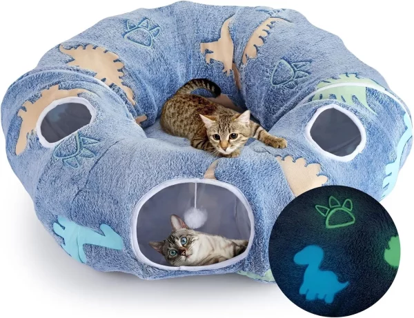 Maxetodo Foldable Cat Tunnel with Washable Bed 4 Entry Points,Peekaboo Cat Cave,Multifunctional Playground Toy for Cats
