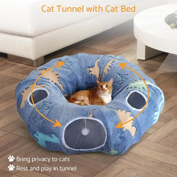 Playful cat actively exploring and running through the cat tunnel