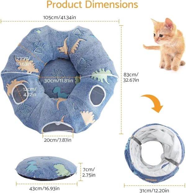 Versatile cat tunnel set up in a semi-circle configuration with hanging toys