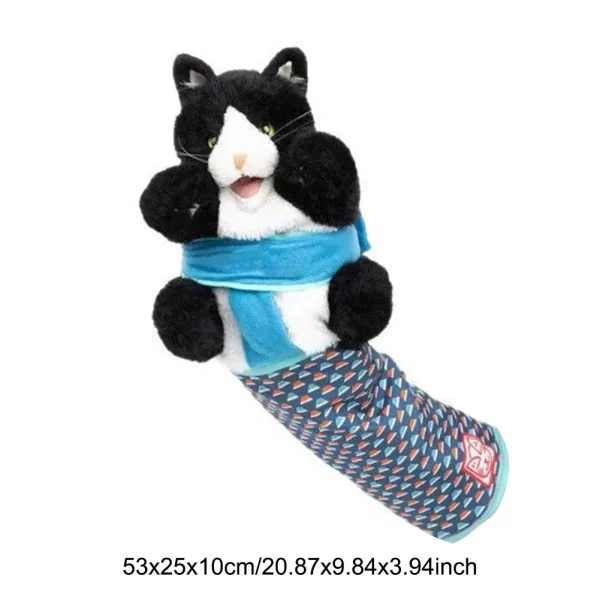 Cat playing enthusiastically with the plush wrestling glove toy