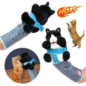 Cat wrestling toy hand puppet, close-up of plush texture