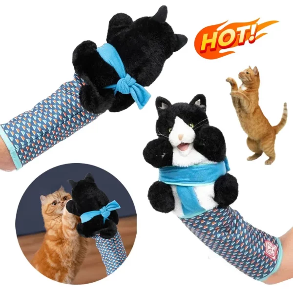 Cat wrestling toy hand puppet, close-up of plush texture