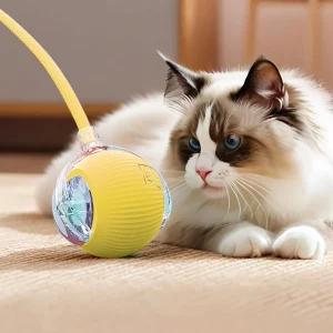 Close-up of the interactive cat toy ball showing its textured surface.