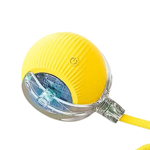 The interactive cat toy ball with blue light indicator, showing fast mode.
