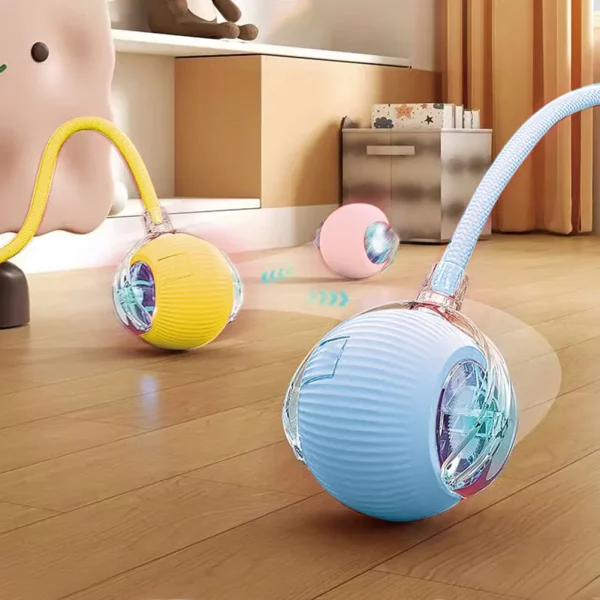 Cat interacting with the rolling ball toy, batting it playfully.