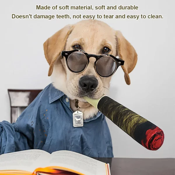 Dog playing with the plush cigar toy, highlighting its interactive nature.