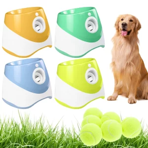 Automatic dog ball launcher set up on a lawn