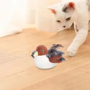 Close-up of the interactive bird cat toy showing its detailed design.
