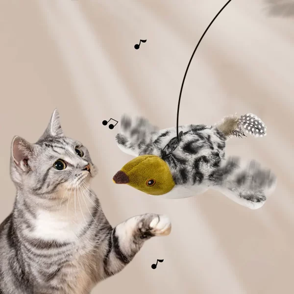 Side view of the flying bird cat toy with wings slightly spread.