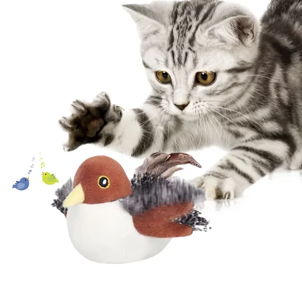 The bird cat toy shown with its wings fully extended in flight motion.