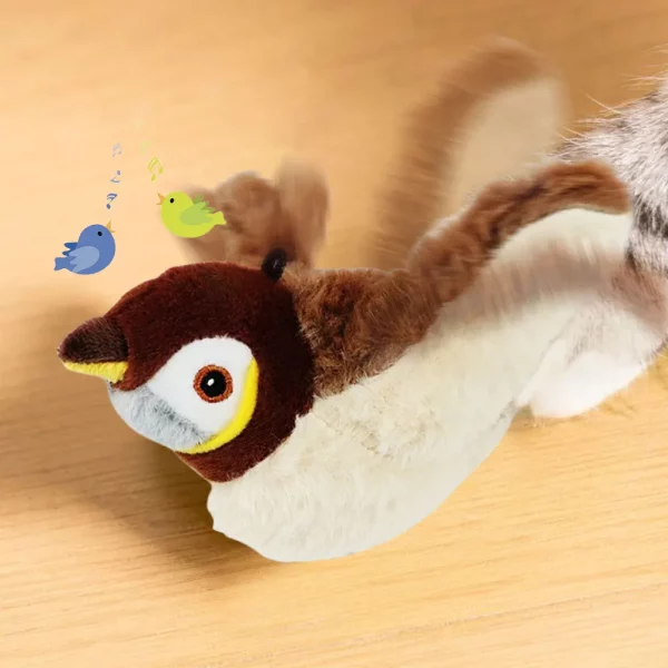 Chirping bird cat toy, detail of plush material and electronic components