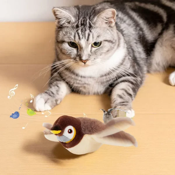 Flapping sparrow bird cat toy, close-up of its realistic design