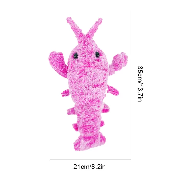 Pet interacting with the dancing lobster toy on a floor