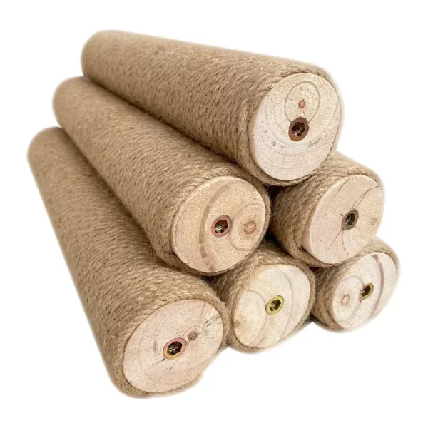 Cat scratching post with sisal rope and wood texture, close-up detail.