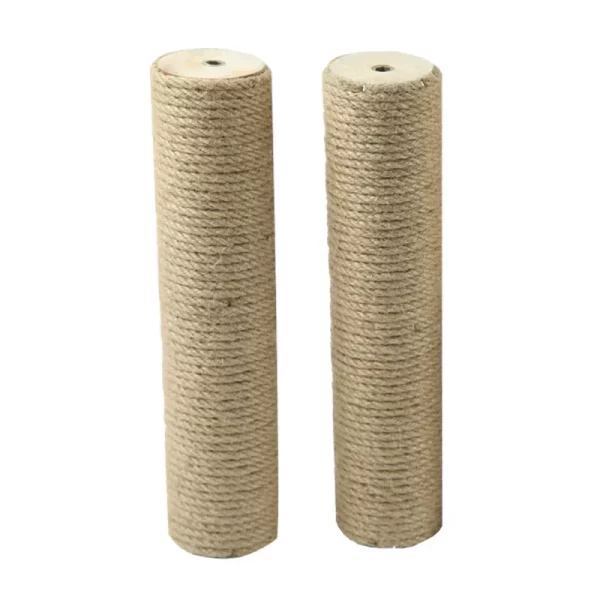 Multiple lengths of sisal cat scratching posts arranged vertically.