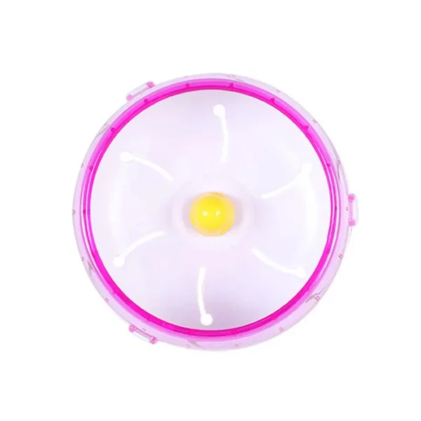 Hamster running on the disc, full body view showing natural posture