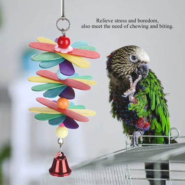 Close-up of parrot swing toy showing wooden beads