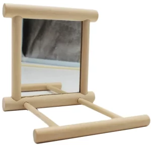 Front view of wooden bird mirror toy with perch, showing reflective surface and textured wood.