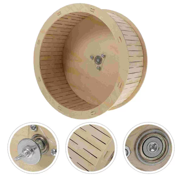 Wooden hamster running wheel placed in a pet habitat