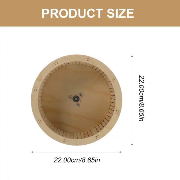 Wooden hamster running wheel, alternative angle showing scale