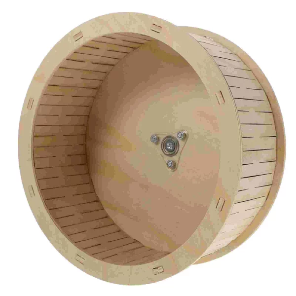 Wooden hamster running wheel, close-up side view