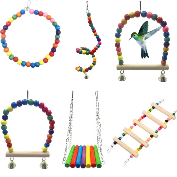 A collection of colourful bird cage toys arranged attractively