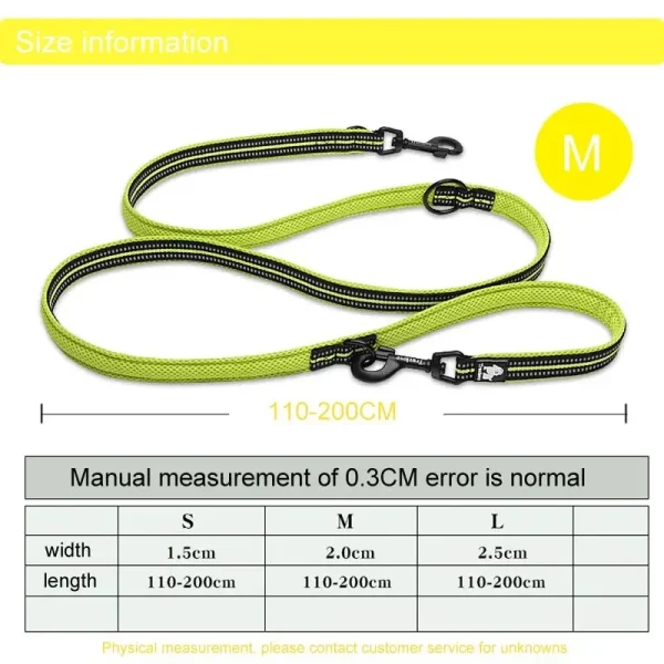 Display of the multi-function dog leash available in various vibrant colours.