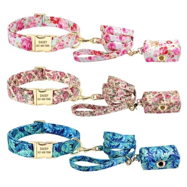 Dog wearing a blue floral print collar and leash
