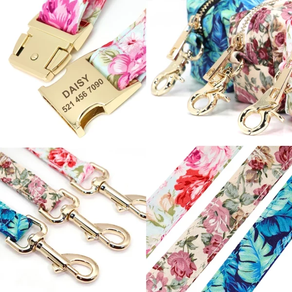 Pink floral dog collar and leash set displayed