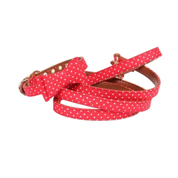 Close-up of a small dog collar featuring a playful dot pattern and a decorative bow.