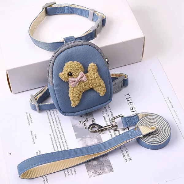 Yellow dog vest harness shown with the leash connected, ready for a walk.