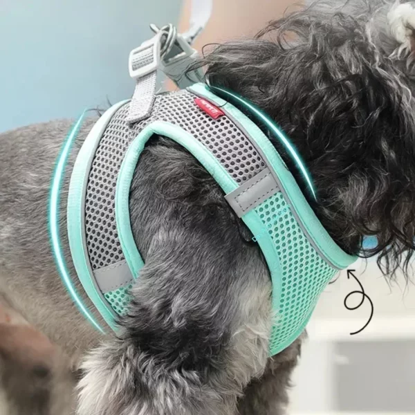 Side view of a reflective dog harness showing adjustable straps