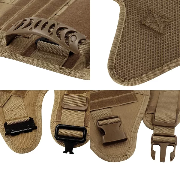 Dog wearing a tactical harness, front view showing chest padding