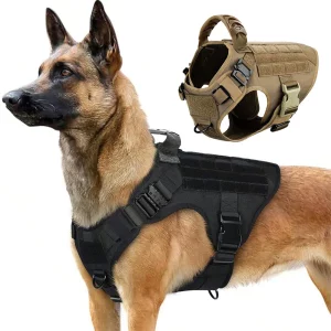 Tactical dog harness in black, side view showing adjustable straps