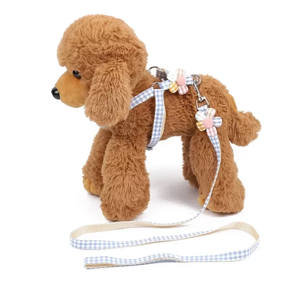 Small dog wearing the blue plaid harness and leash, showing a comfortable fit.