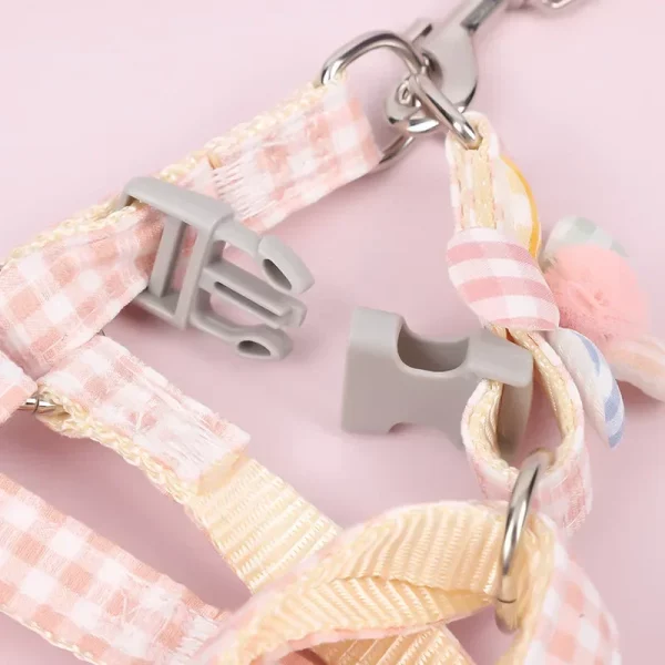 Detail of the quick-release buckle and adjustable strap on the dog harness.