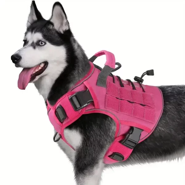 Side view of tactical dog harness showing reflective strip and buckle