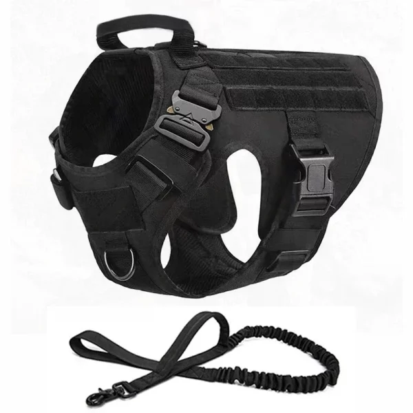 Tactical dog harness on a large dog, side view