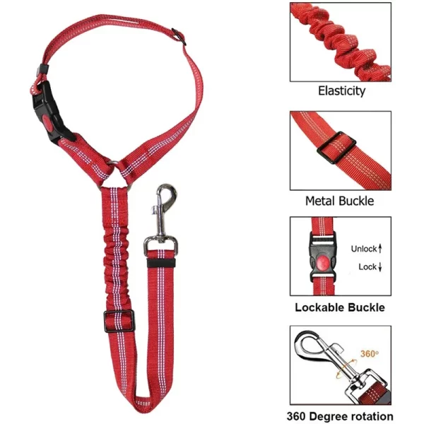 Dog wearing adjustable car seat belt harness securely in a car seat