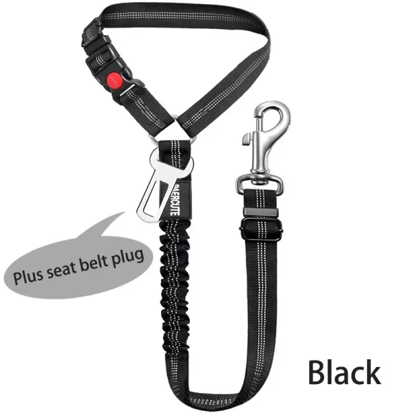 Side view of dog wearing secure car seat belt harness