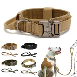 Tactical dog collar and leash set in black on a white background
