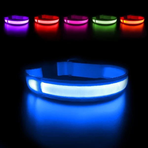 Close-up of the bright optical fibre light strip on the LED dog collar