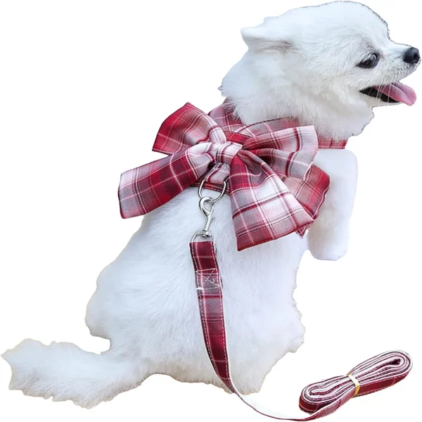 Plaid Dog Harness & Leash Set Bow Dog Harness Vest Walking Training Easy Control Dog Leash for Small Medium Girls