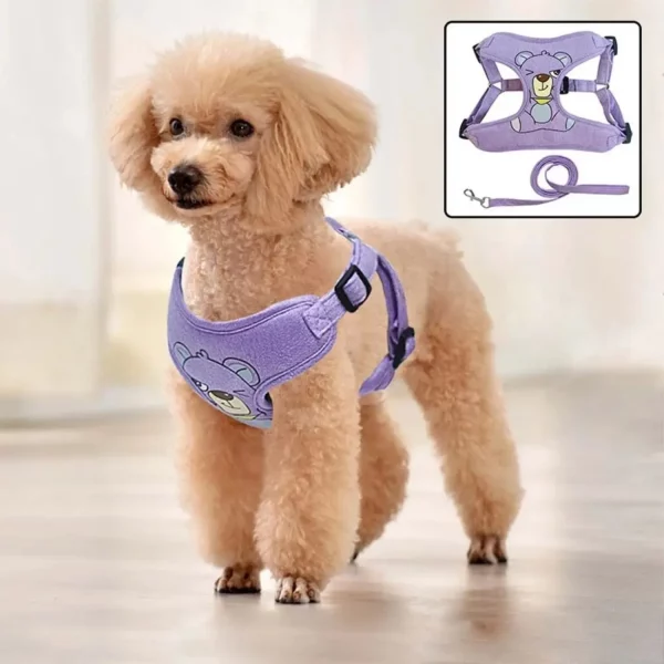Pink dog harness vest on a dog, side view