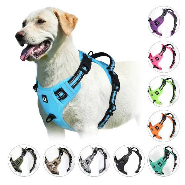 Front view of a black no pull dog harness on a white background