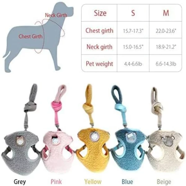 Pink dog harness with a cute dog pattern, showing overall design