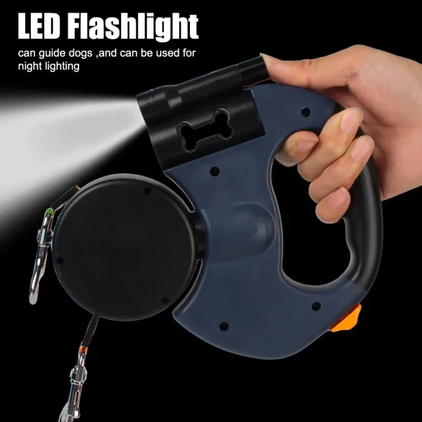 Red dual dog leash showing the convenient waste bag compartment